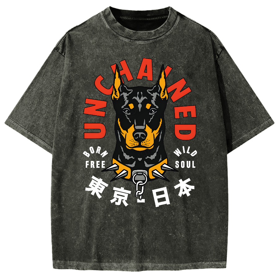 Doberman Pinscher Dog with Unchained Vintage Washed T-shirt
