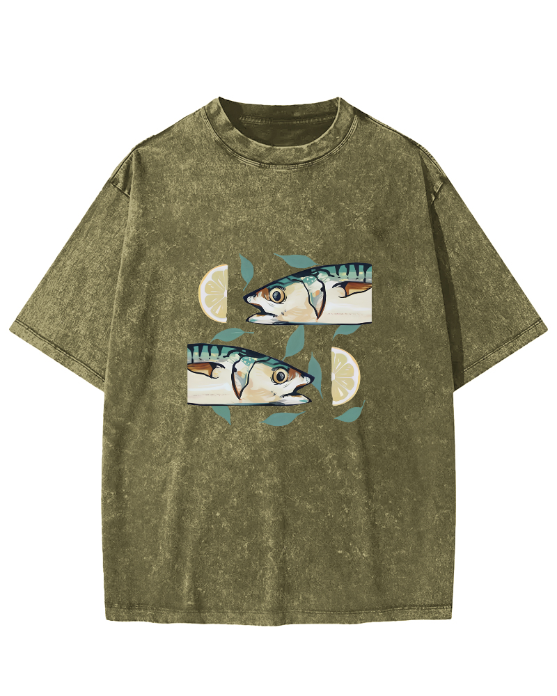 Japanese Lemon Fish Pattern Vintage Distressed T-shirt-Zazasy