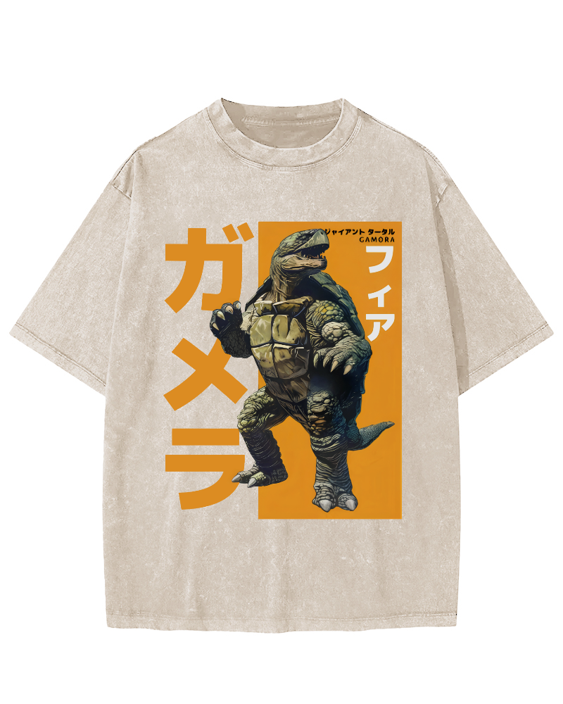 Crocodile Turtle Japanese Style Vintage Washed T-shirt-Zazasy