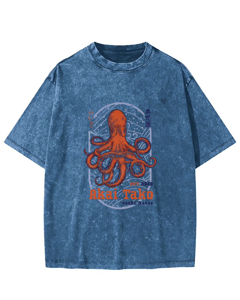 Retro Octopus Japanese Style Vintage Distressed T-shirt-Zazasy