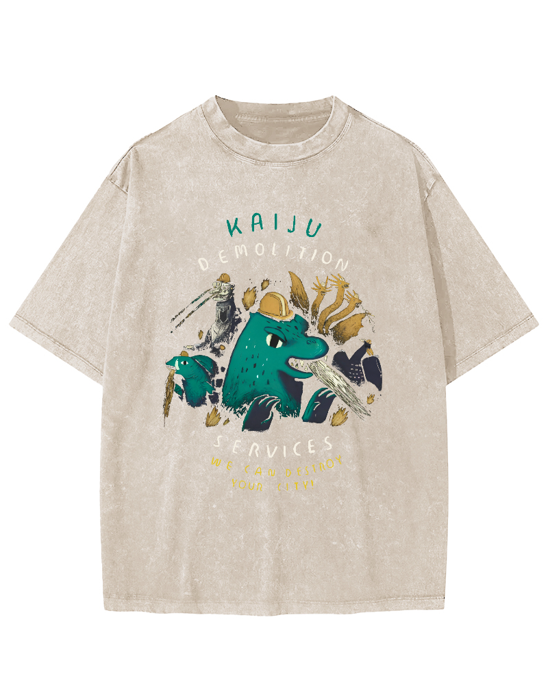 Cartoon Dinosaur Leisure Vintage Washed T-shirt-Zazasy