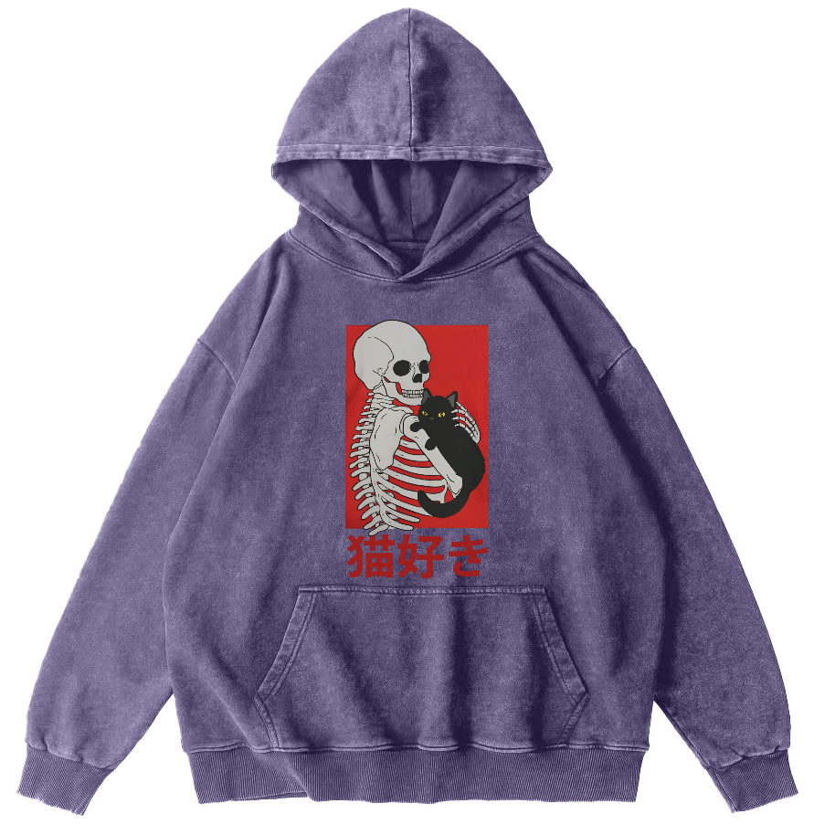 Skeleton and Cat Japanese Style Vintage Washed Hoodie-Zazasy