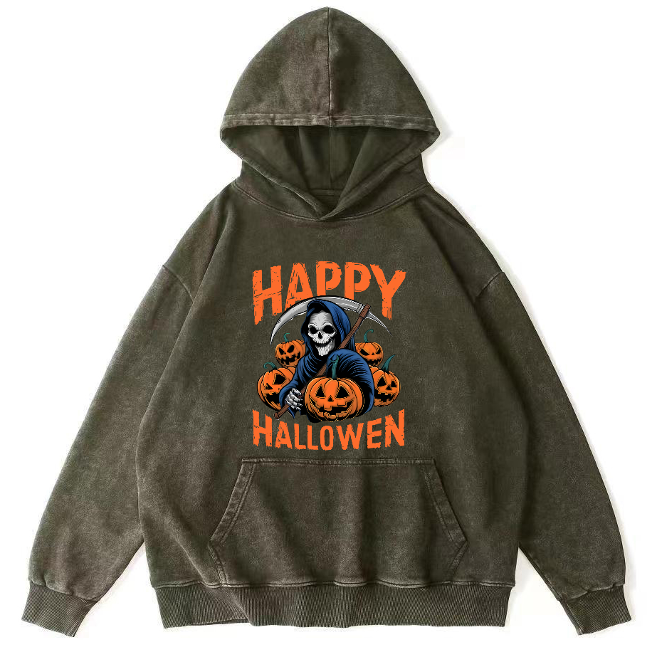 Halloween Pumpkin Lamp  Vintage Washed Hoodie-Zazasy