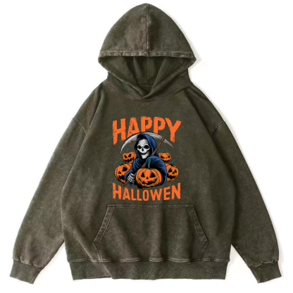 Halloween Pumpkin Lamp  Vintage Washed Hoodie-Zazasy