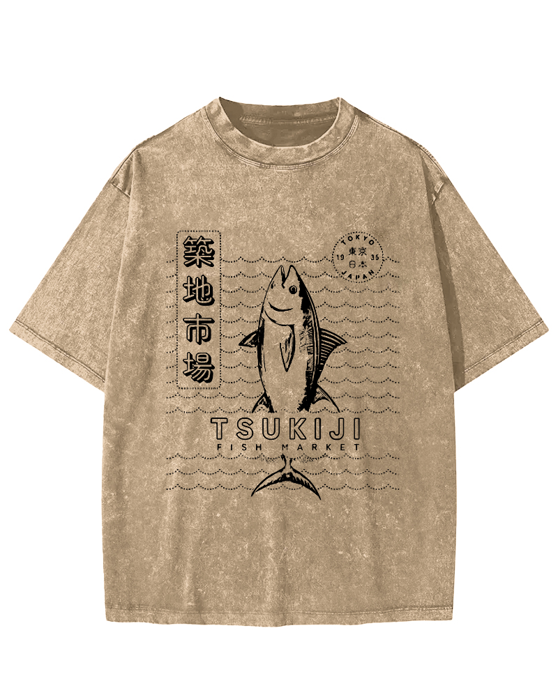 Tuna at Tsukiji Market in Tokyo, Japan Vintage Washed T-shirt-Zazasy