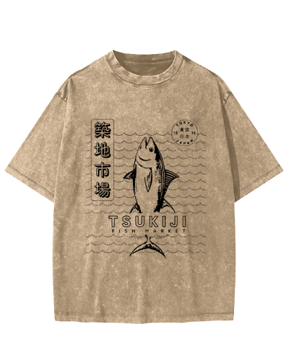 Tuna at Tsukiji Market in Tokyo, Japan Vintage Washed T-shirt-Zazasy