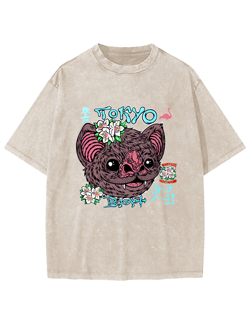 Tokyo Bat Vintage Washed T-shirt-Zazasy