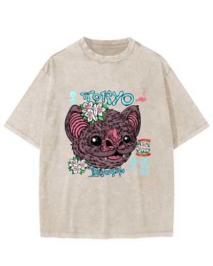 Tokyo Bat Vintage Washed T-shirt-Zazasy