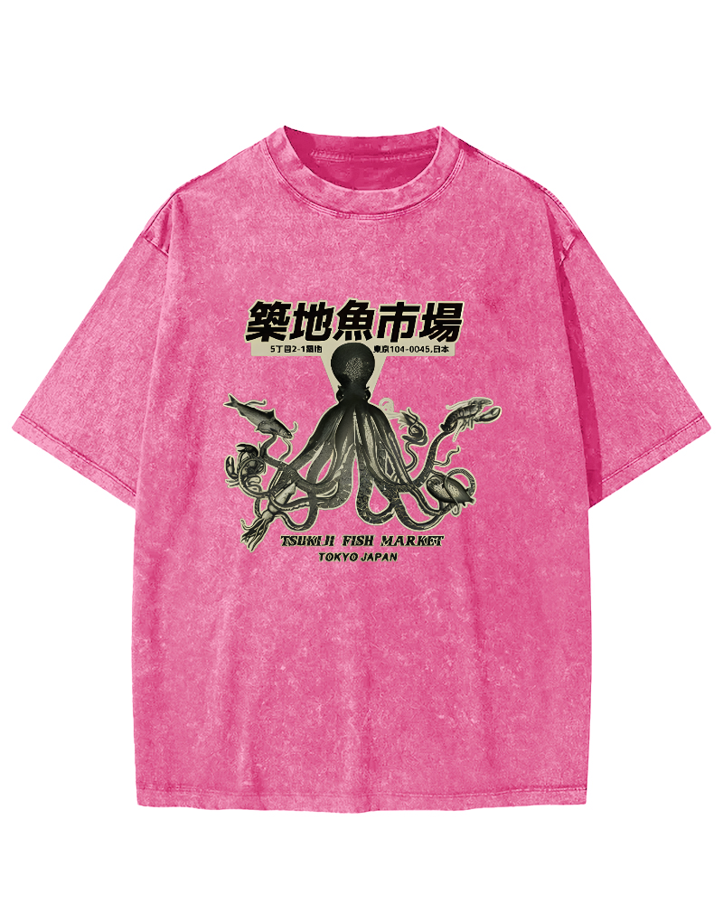 Japanese Octopus Pattern Vintage Distressed T-shirt-Zazasy