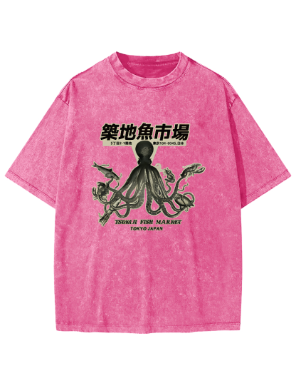 Japanese Octopus Pattern Vintage Distressed T-shirt-Zazasy