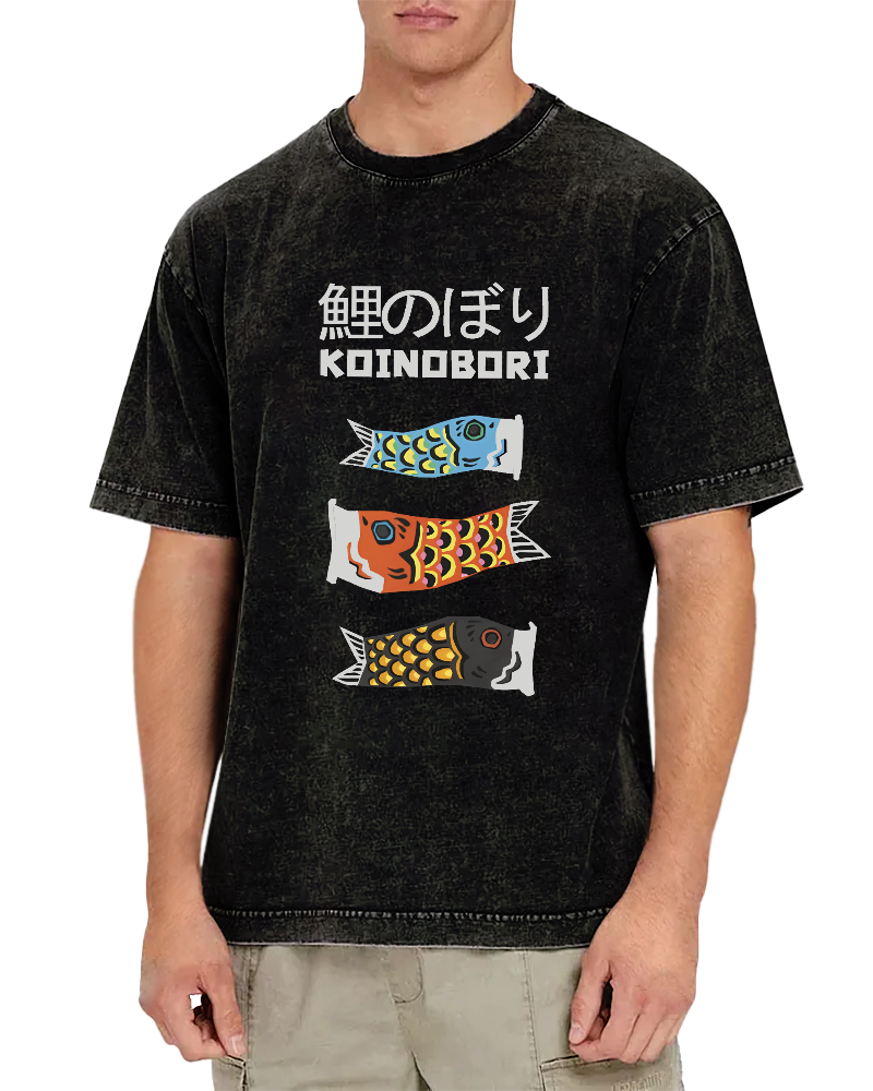 Cartoon Fish Painting Pattern Japanese Style Vintage Distressed T-shirt-Zazasy