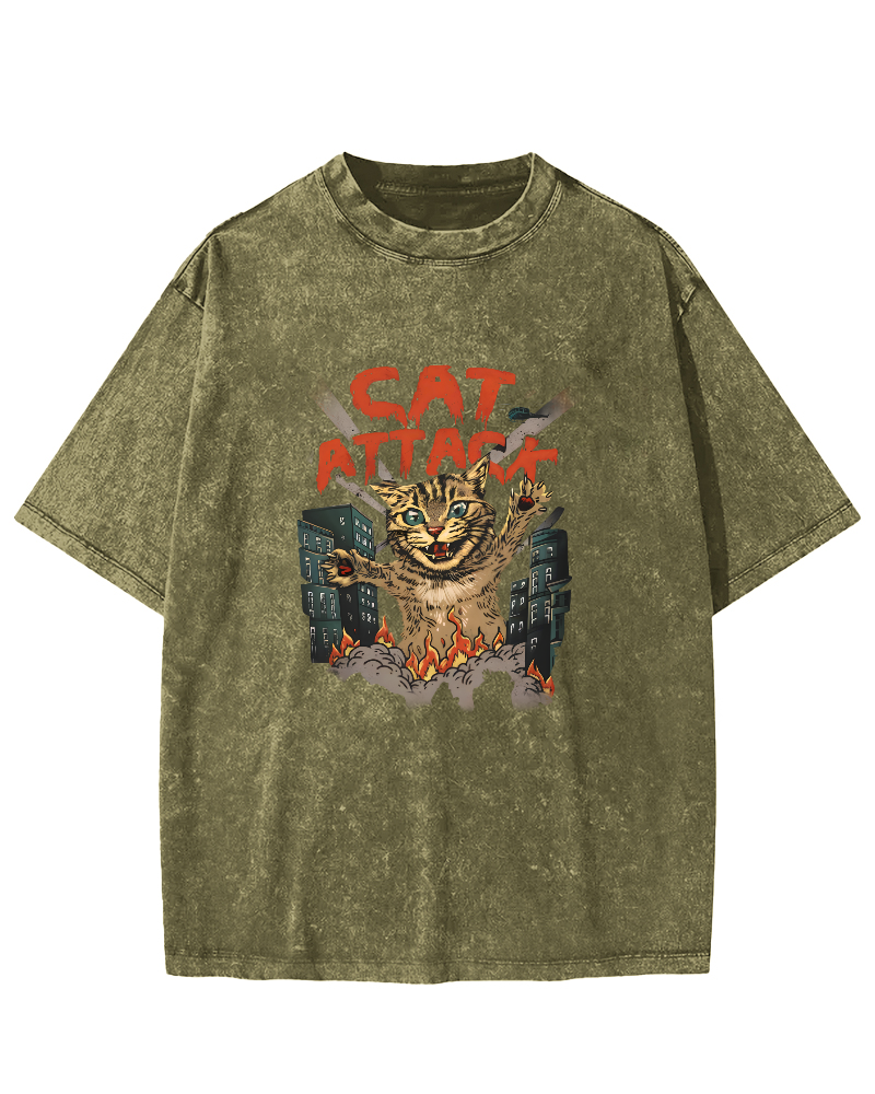 Japanese Cat Pattern Vintage Distressed T-shirt-Zazasy