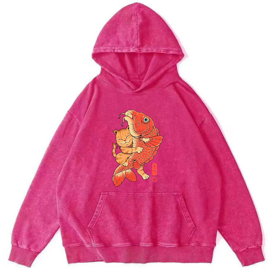 Cat Embracing Koi Fish Vintage Distressed Hoodie-Zazasy