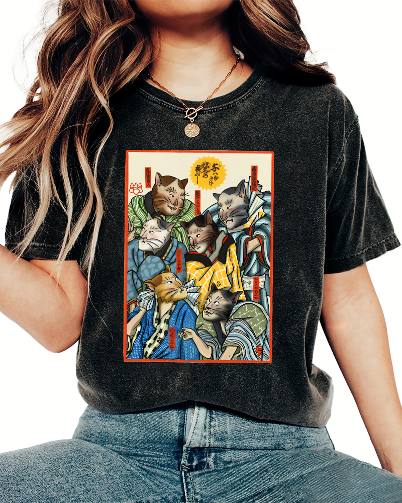 Japanese Samurai Cat Vintage Washed T-shirt-Zazasy
