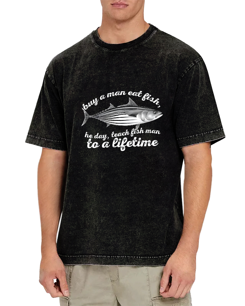 Sea Fish Pattern Vintage Distressed T-shirt-Zazasy