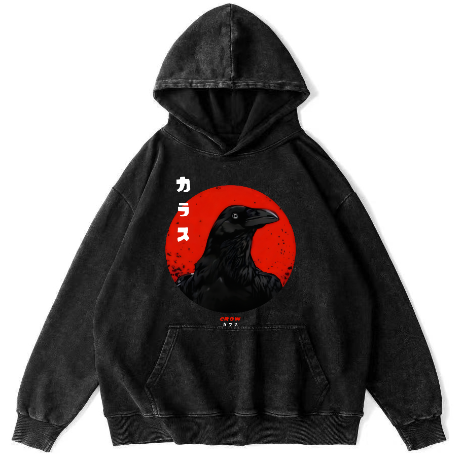Simple Crow Japanese Style Vintage Distressed Hoodie-Zazasy
