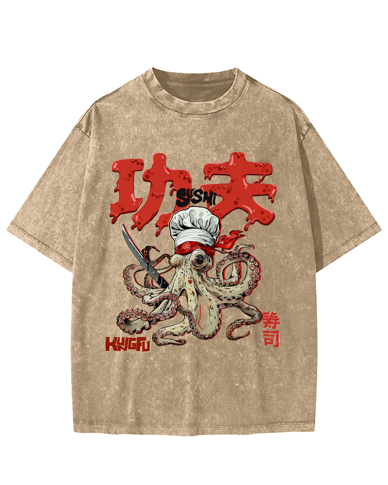 Kung Fu Sushi Japanese Vintage Washed T-shirt-Zazasy