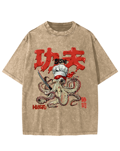 Kung Fu Sushi Japanese Vintage Washed T-shirt-Zazasy