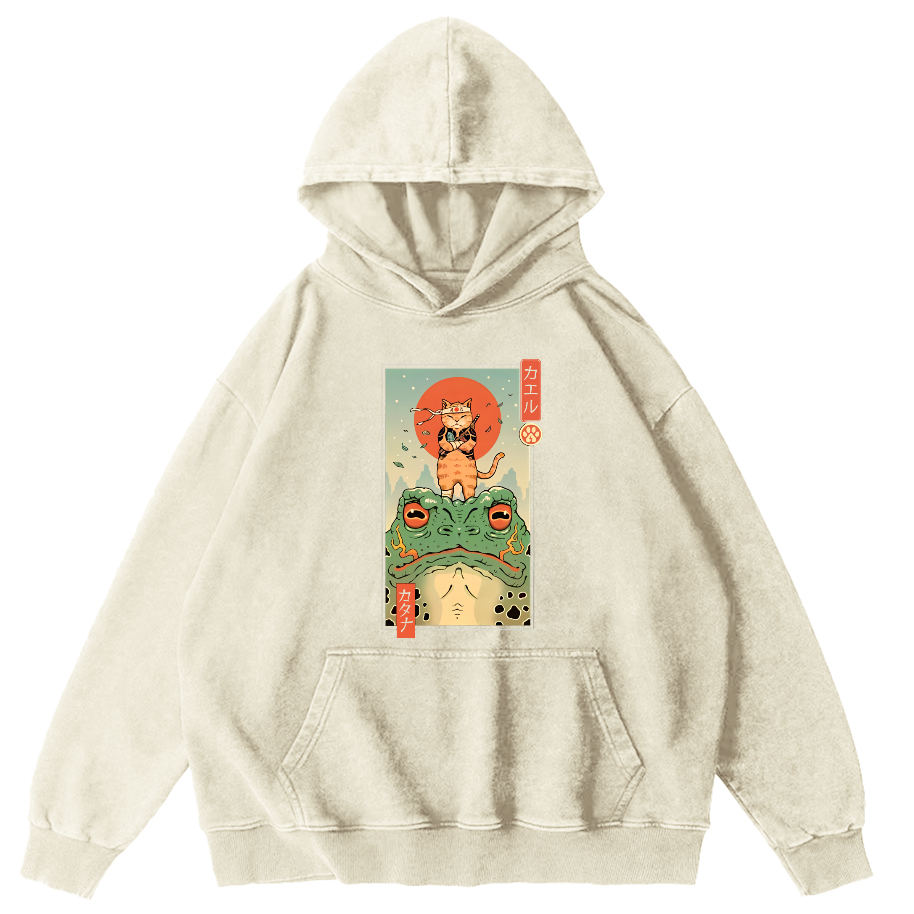 Frog and Cat Japanese Style Vintage Distressed Hoodie-Zazasy