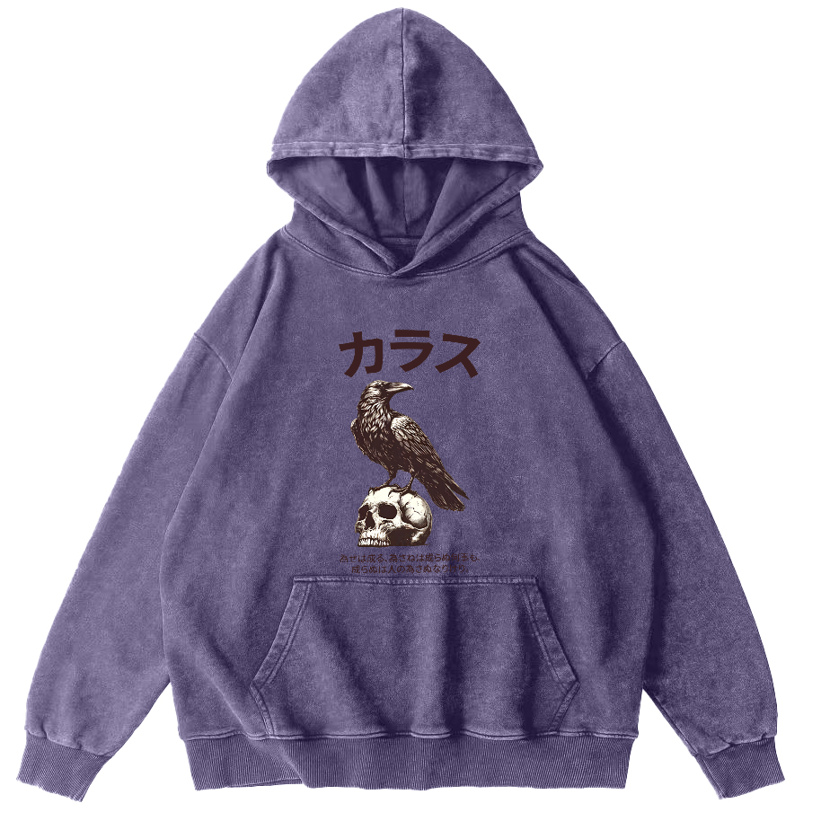 Crow Pattern Japanese Style Vintage Distressed Hoodie-Zazasy