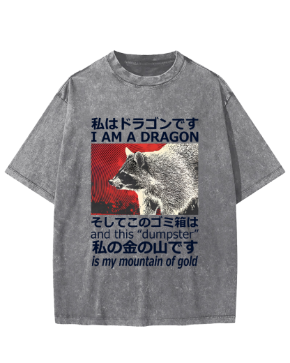 Dragon Raccoon Japanese Vintage Washed T-shirt-Zazasy