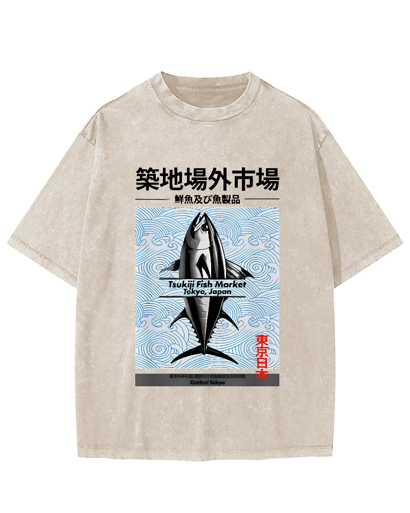 Tokyo Tsukiji Off Market, Japan Vintage Washed T-shirt-Zazasy