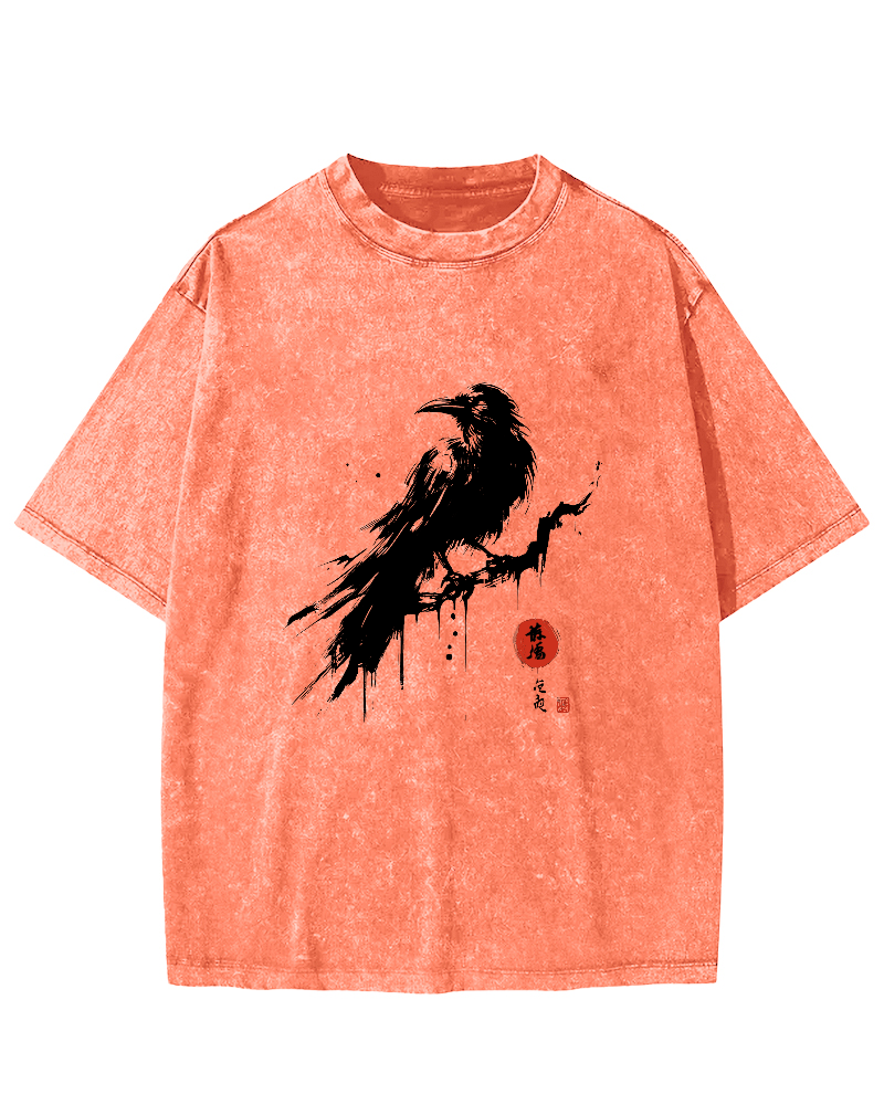 Crow Pattern Japanese Style Vintage Distressed T-shirt-Zazasy
