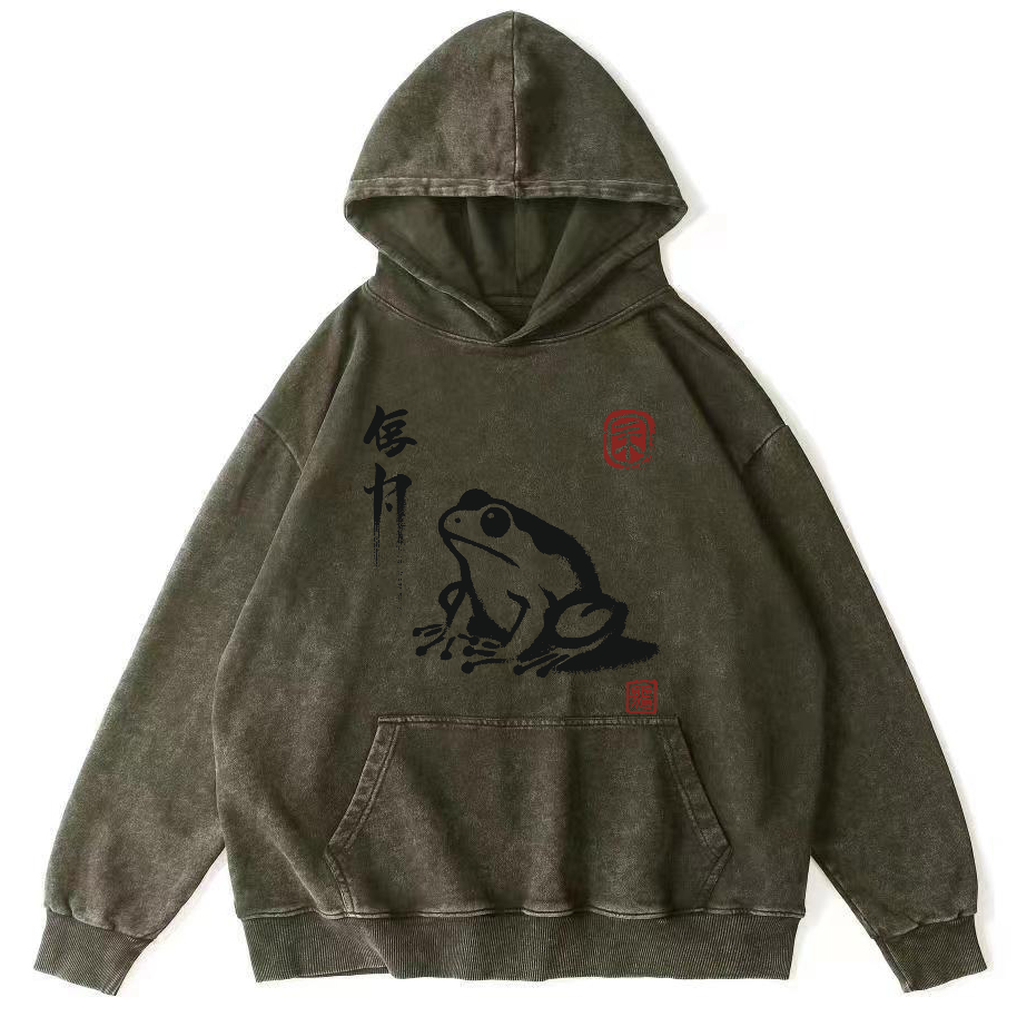 Frog Pattern Japanese Style Vintage Distressed Hoodie-Zazasy