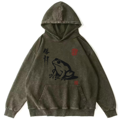 Frog Pattern Japanese Style Vintage Distressed Hoodie-Zazasy
