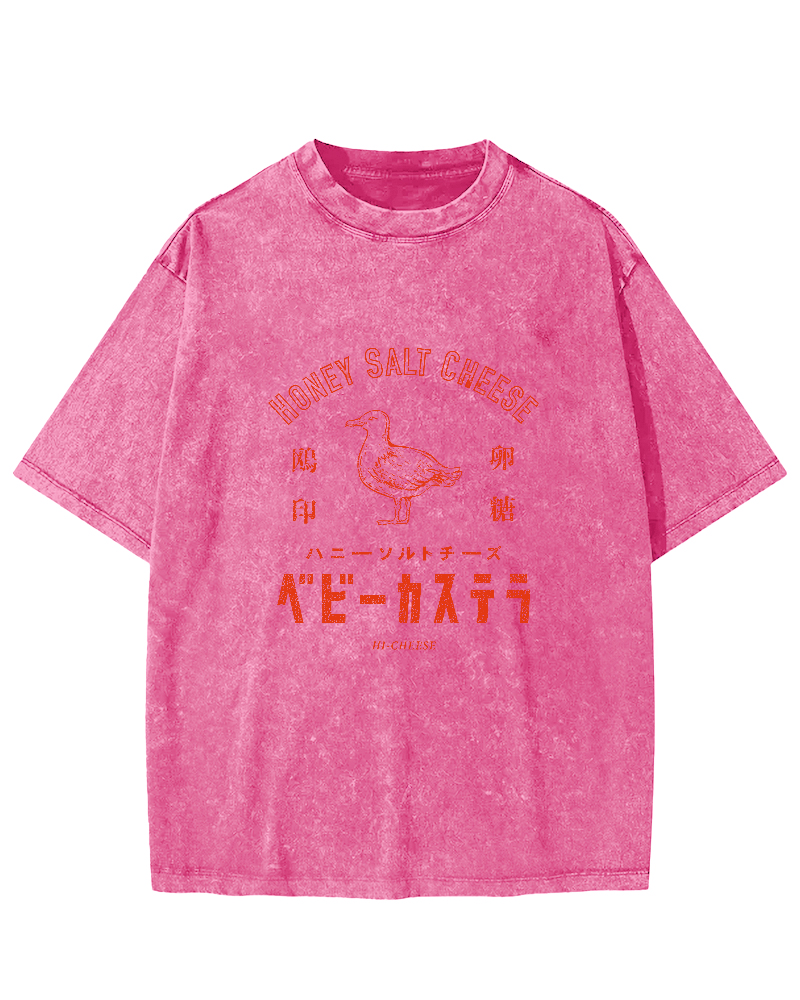 Japanese Retro Duck Pattern Vintage Distressed T-shirt-Zazasy