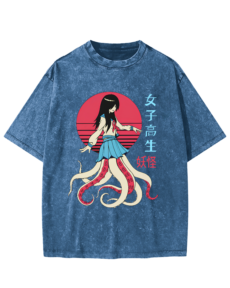 Abstract Octopus Character Japanese Style Vintage Distressed T-shirt-Zazasy