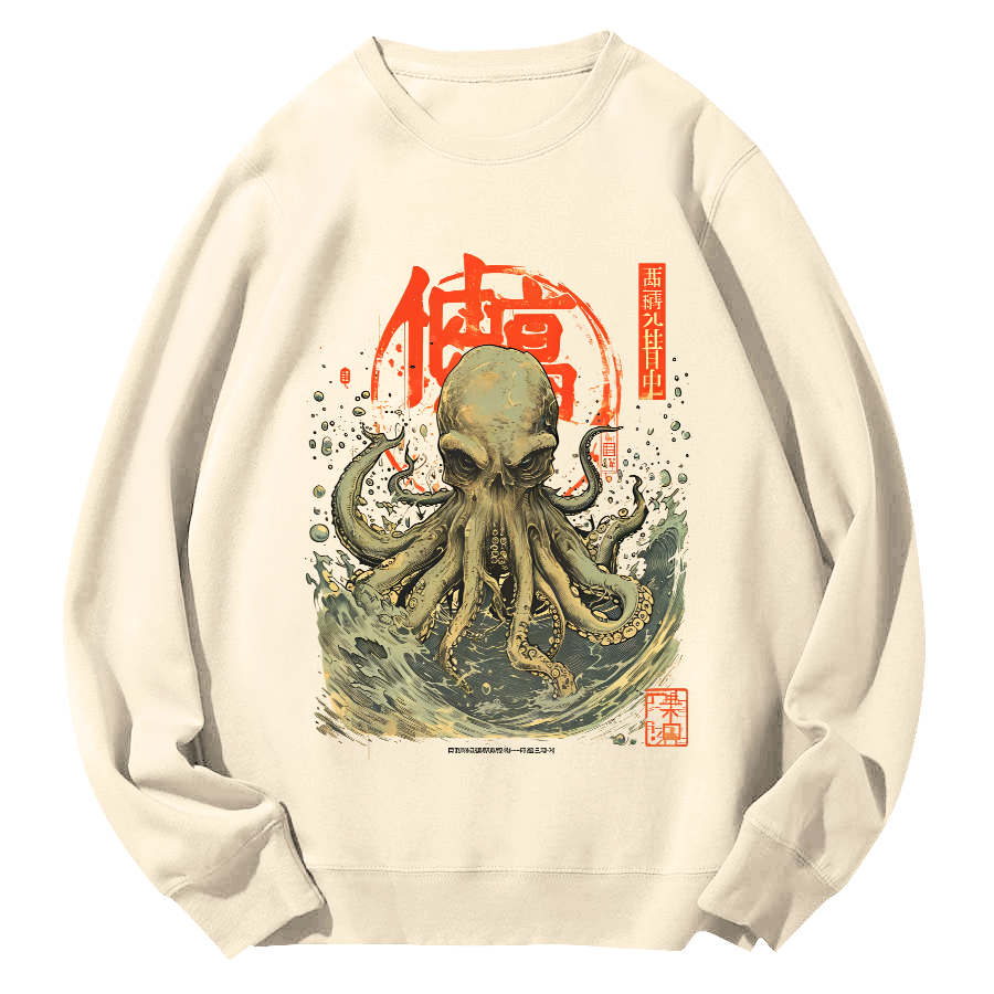 Japanese Style Octopus in The Hhuge Waves Round Neck Sweatshirt-Zazasy