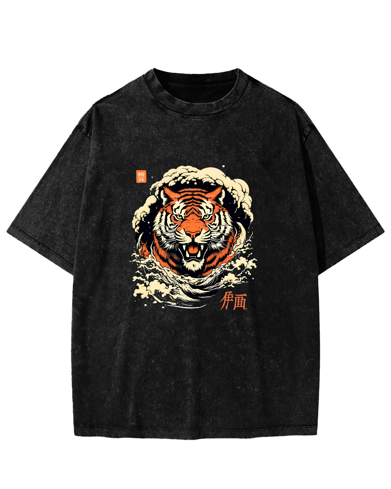 Japanese Tiger Head Pattern Vintage Distressed T-shirt-Zazasy