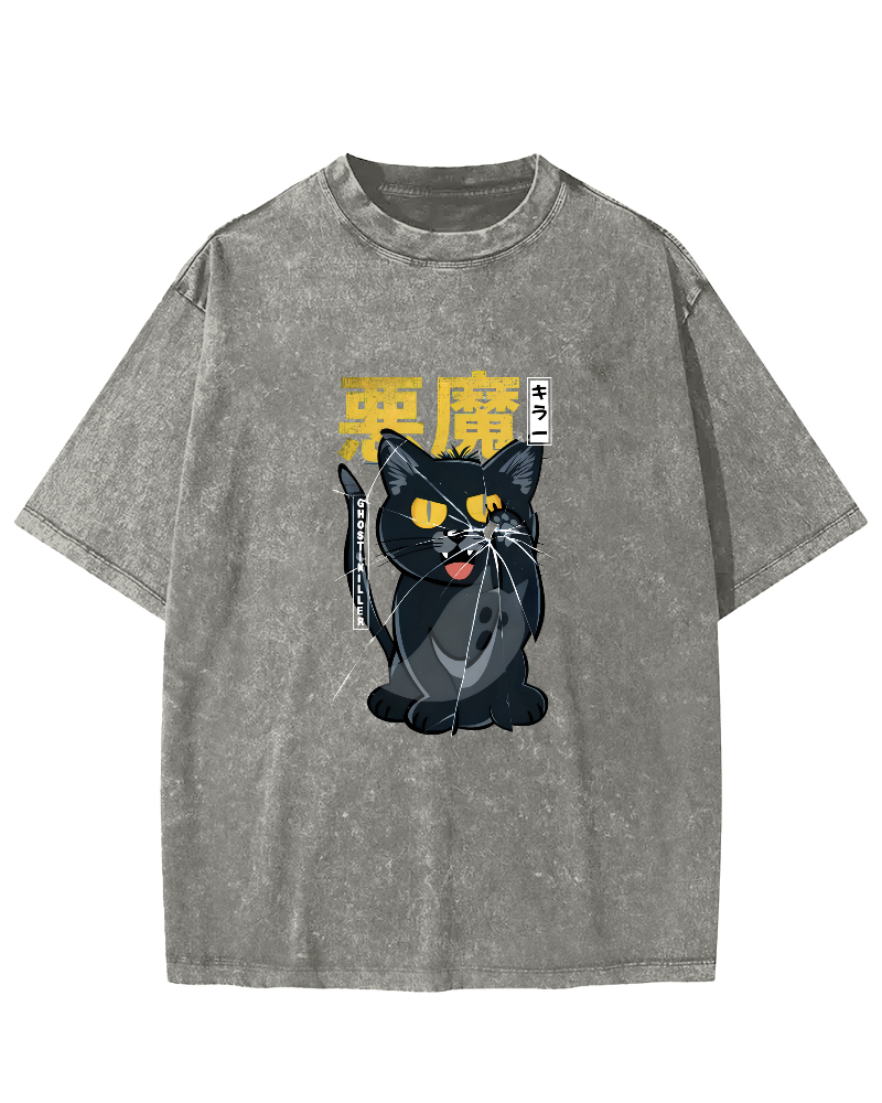 Retro Mischievous Cat Pattern Vintage Distressed T-shirt-Zazasy