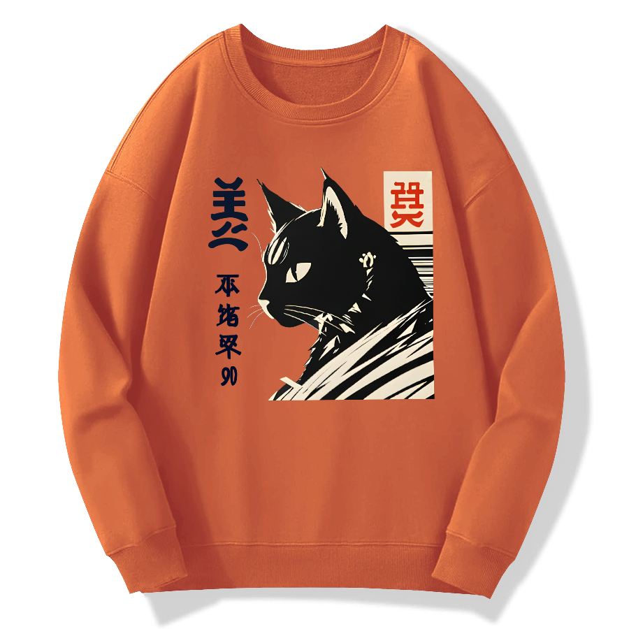 Japanese Black Cat Cotton Pullover Sweatshirt