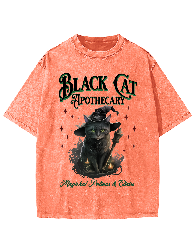 Black Cat Vintage Washed T-shirt-Zazasy
