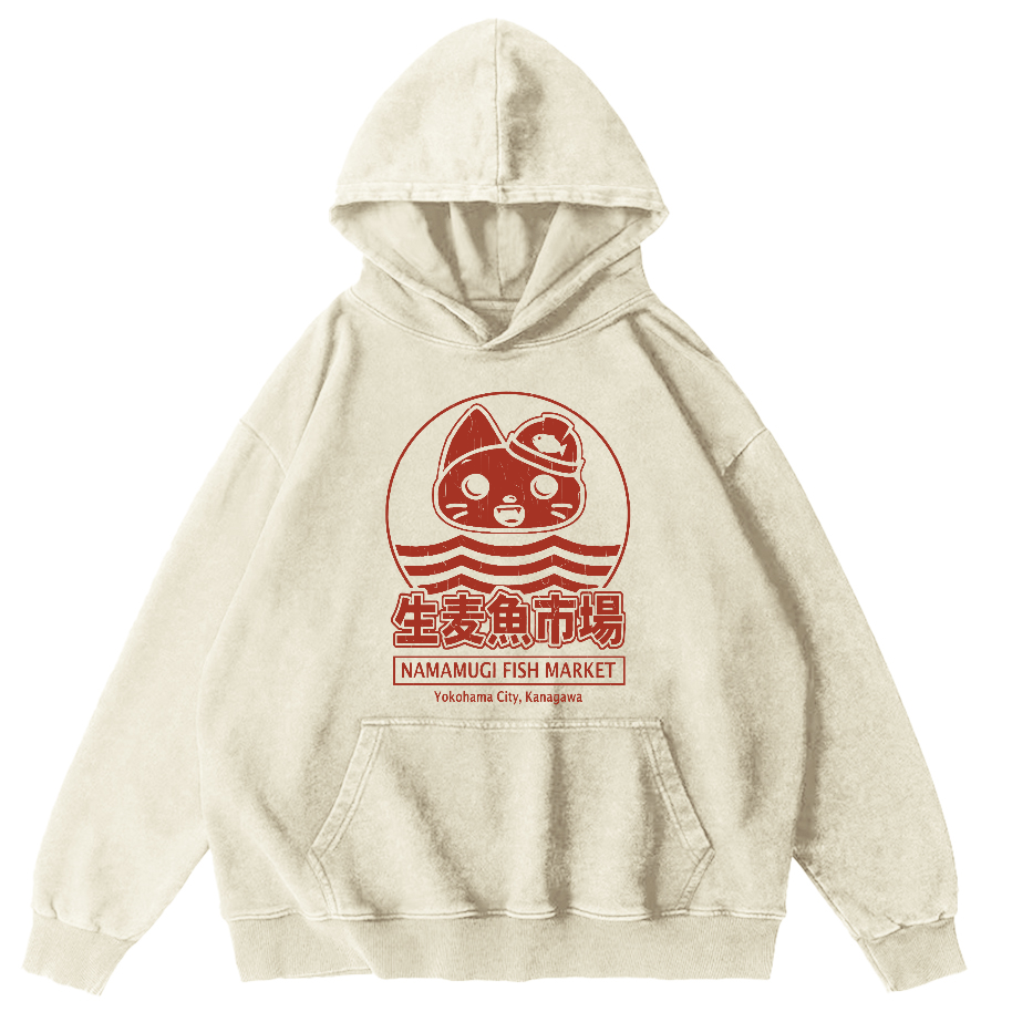 Raw Wheat Fish Market in Japan Vintage Washed Hoodie-Zazasy
