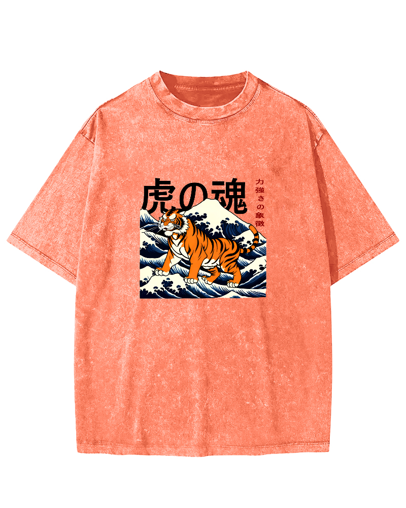 Japanese Tiger Soul Pattern Vintage Distressed T-shirt-Zazasy