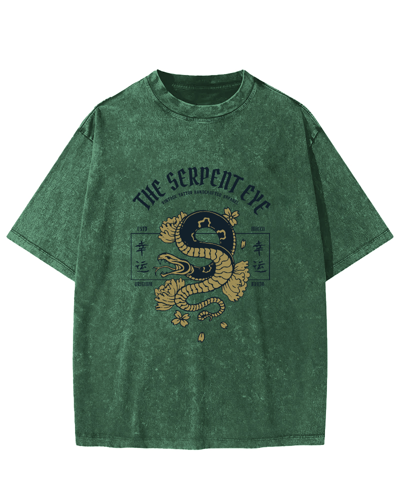 Japanese Lucky Snake Pattern Vintage Distressed T-shirt-Zazasy