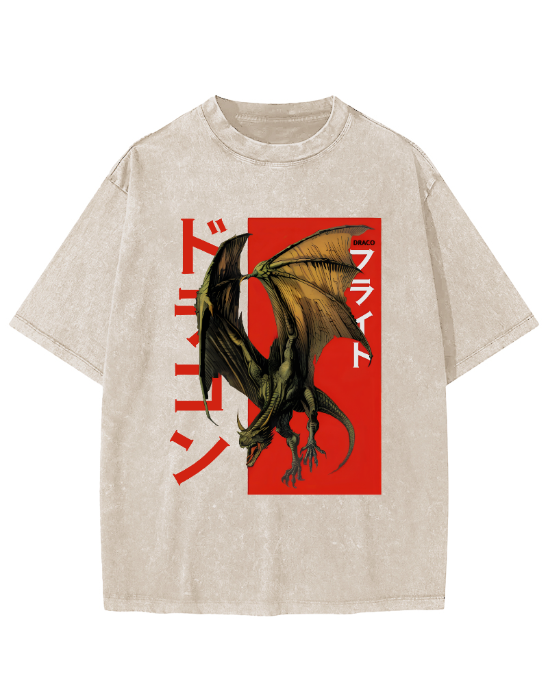 Pterosaur Monster Japanese Style Vintage Washed T-shirt-Zazasy