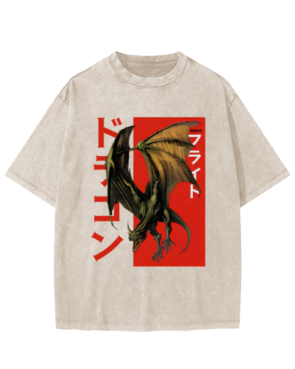 Pterosaur Monster Japanese Style Vintage Washed T-shirt-Zazasy