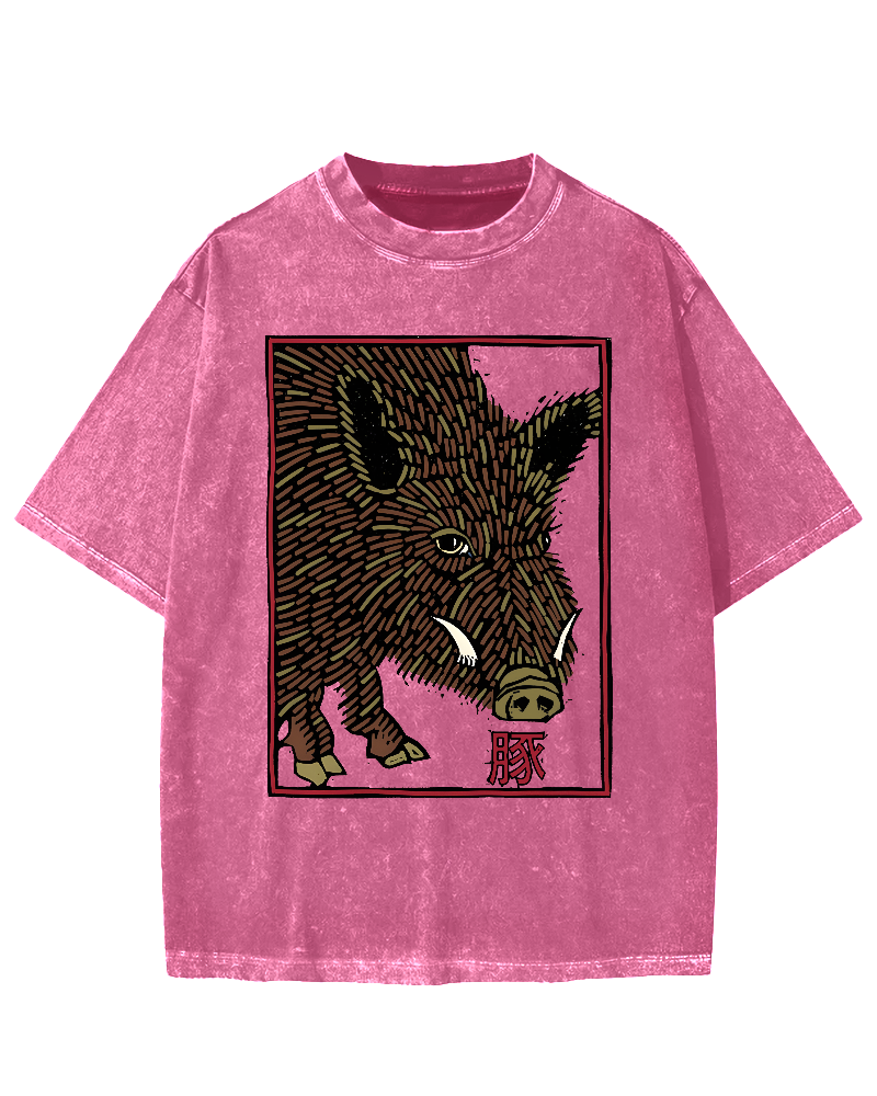 Woodcut Pig Vintage Washed T-shirt