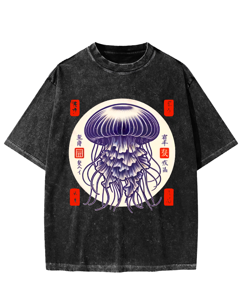 Japanese jellyfish Vintage Washed T-shirt-Zazasy