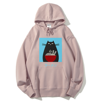Black cat likes to eat Lamian Noodles Cotton Hoodie