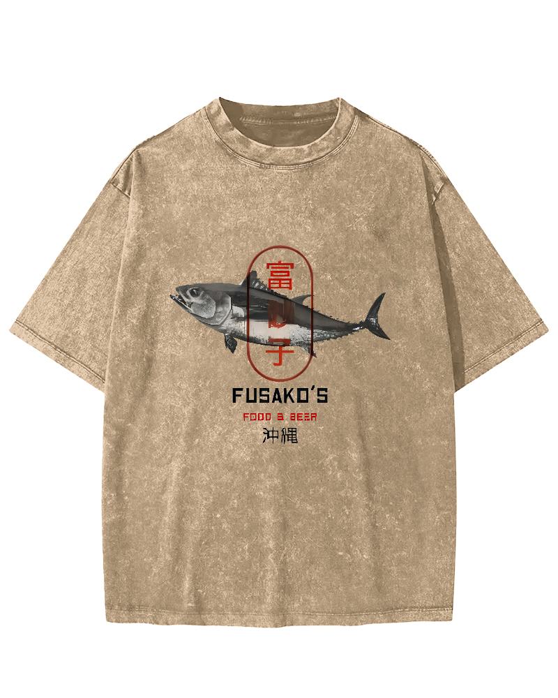 Seafood Market Japanese Washed T-shirts-Zazasy
