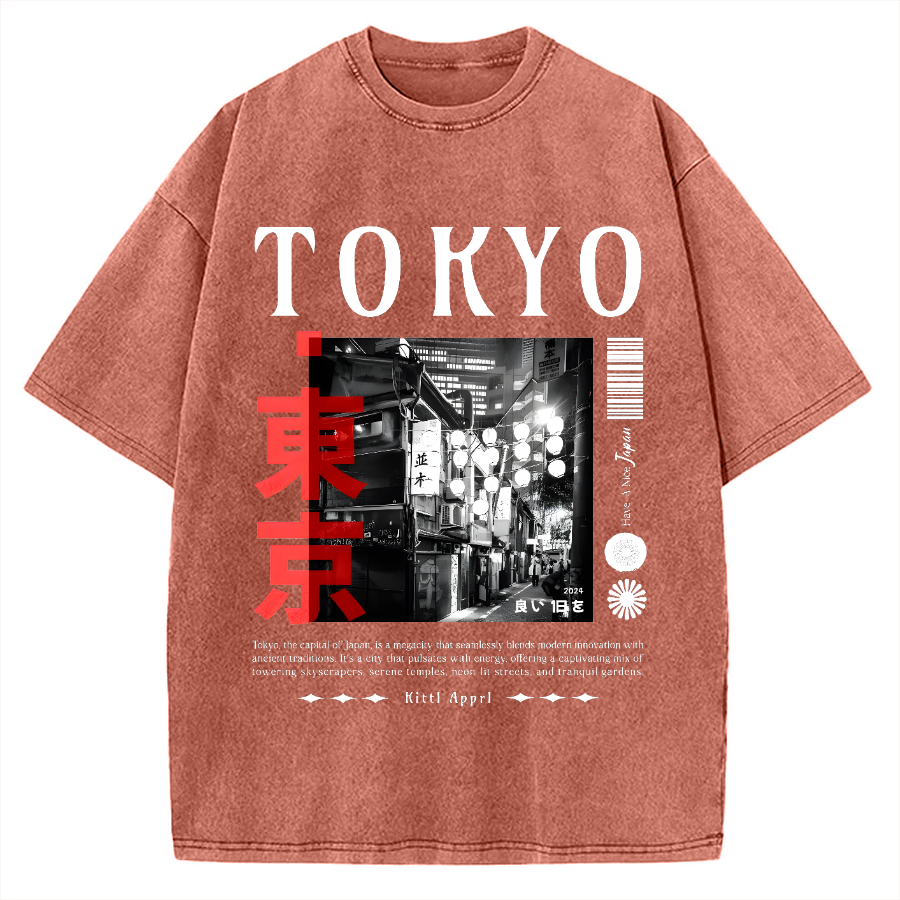 Tokyo Street Night Scene Vintage Washed T-shirt