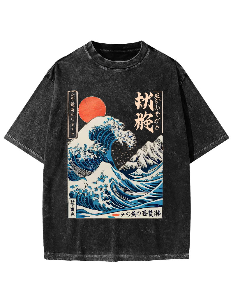 Ukiyo-e ocean Waves Vintage Washed T-shirt-Zazasy