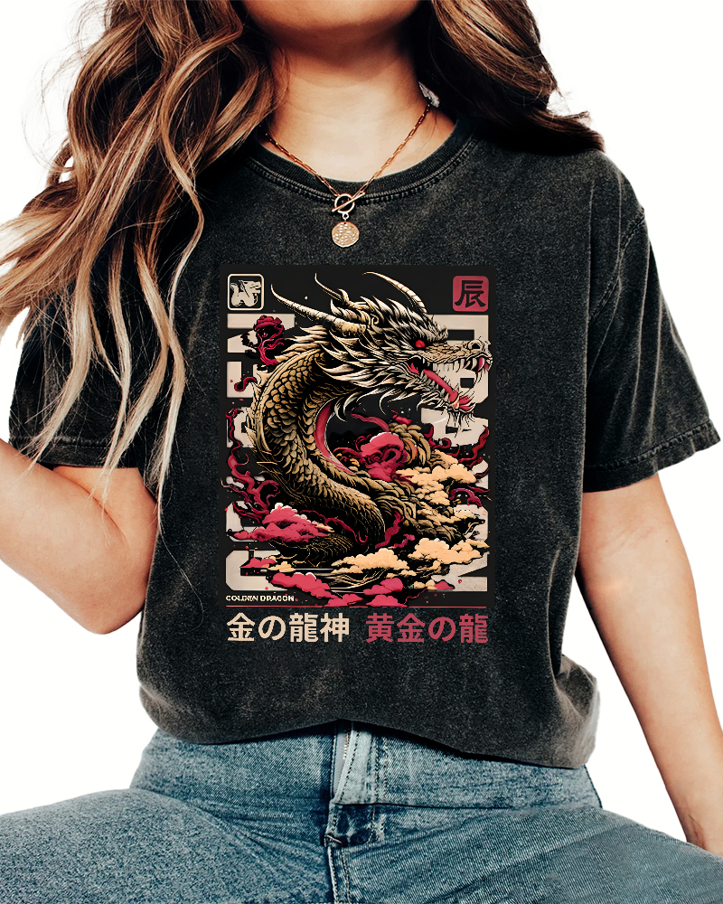 Golden Dragon Japanese Style Vintage Distressed T-shirt-Zazasy
