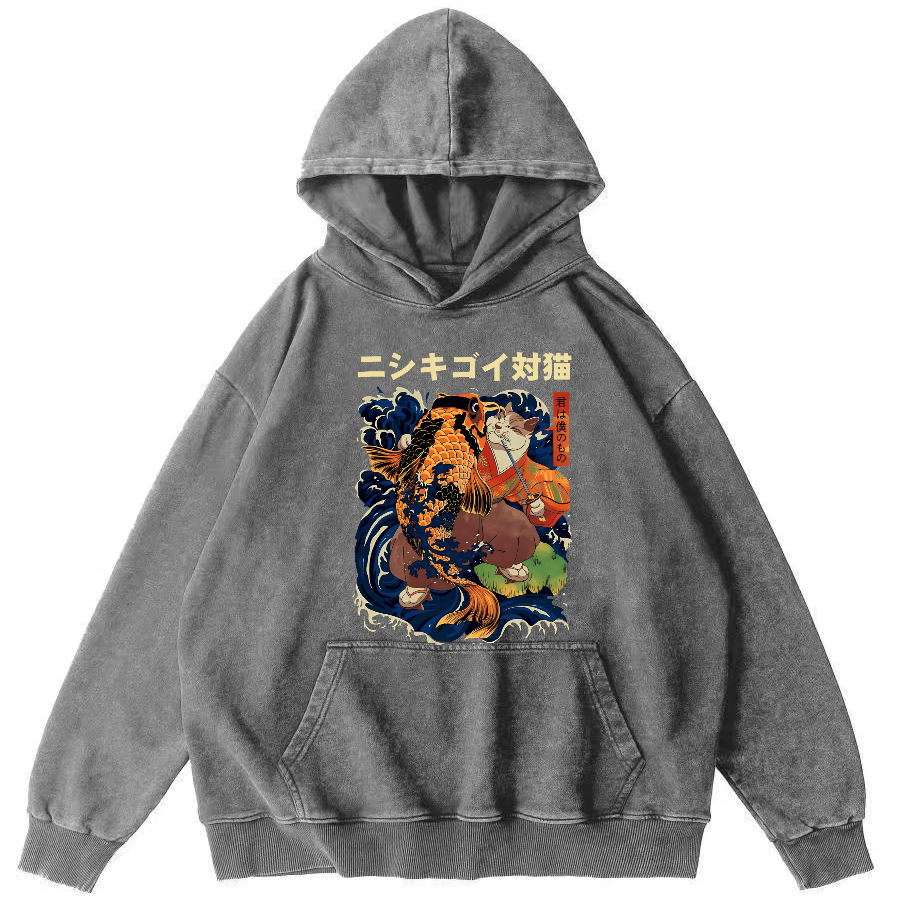 Koi and Cat Japanese Style Vintage Distressed Hoodie-Zazasy