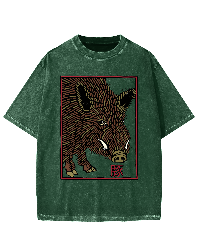 Woodcut Pig Vintage Washed T-shirt